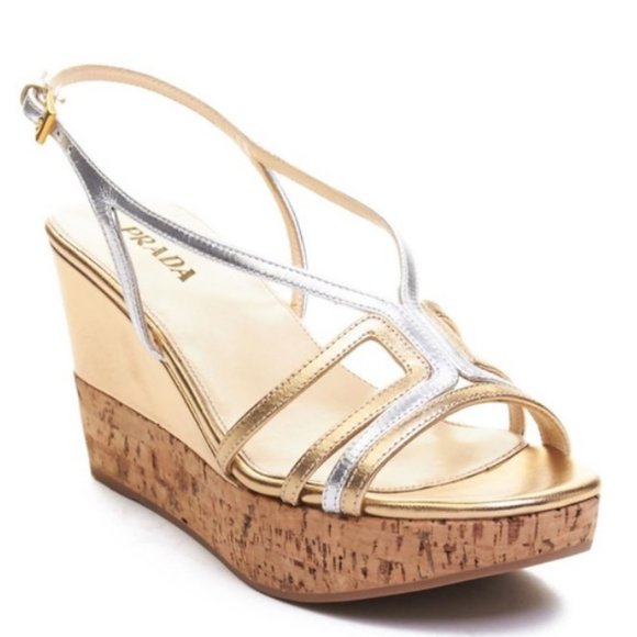 PRADA  Metallic Leather and Cork Platform Sandal - Picture 1 of 11